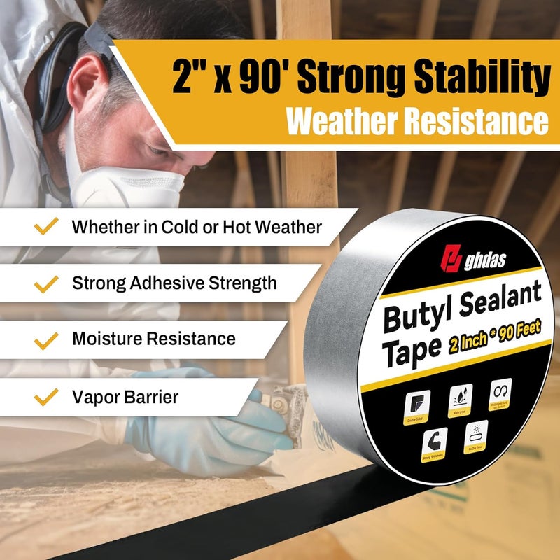 Bghdas - 3 Pack Butyl Sealant Tape 2" X 90' - Double Sided - Black Vapor Barrier Butyl Tape for Wall of Crawl Space, Rv Windows, Deck Boat, Crawlspace (Waterproof, Weatherproof) - Image 2